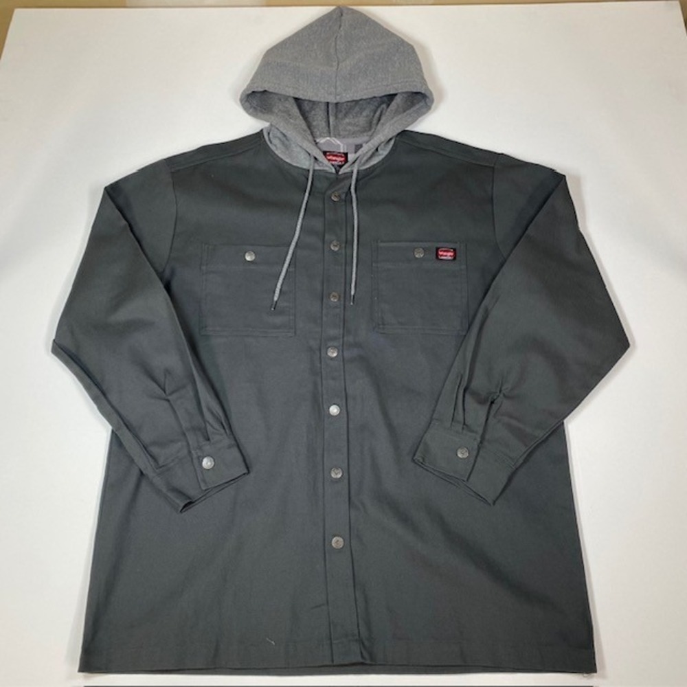 Wrangler Workwear Mens L/G Hooded Shirt Jacket Button Up Gray Long Sleeve